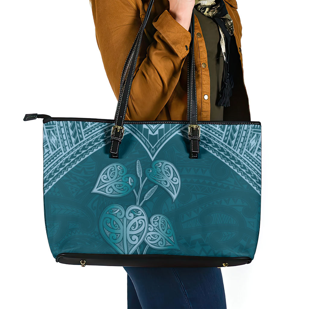 Cyan New Zealand Kawakawa Maori Ngaru Leather Tote Bag