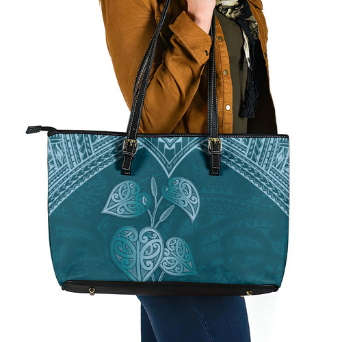 Cyan New Zealand Kawakawa Maori Ngaru Leather Tote Bag