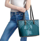 Cyan New Zealand Kawakawa Maori Ngaru Leather Tote Bag