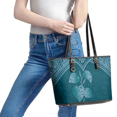 Cyan New Zealand Kawakawa Maori Ngaru Leather Tote Bag