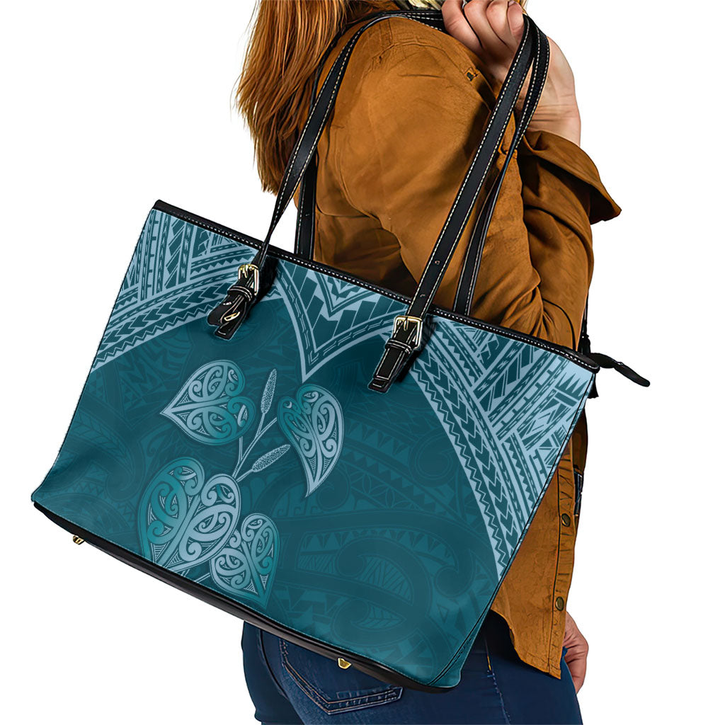 Cyan New Zealand Kawakawa Maori Ngaru Leather Tote Bag