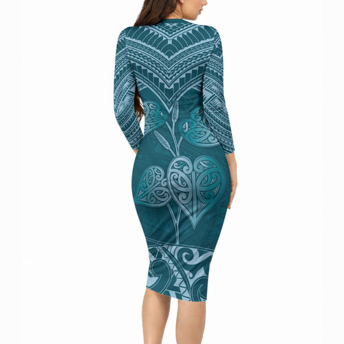 Cyan New Zealand Kawakawa Maori Ngaru Long Sleeve Bodycon Dress