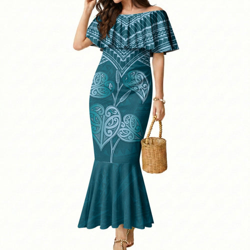Cyan New Zealand Kawakawa Maori Ngaru Mermaid Dress