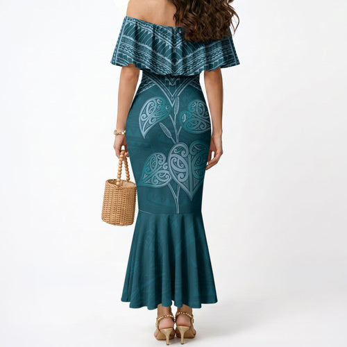 Cyan New Zealand Kawakawa Maori Ngaru Mermaid Dress