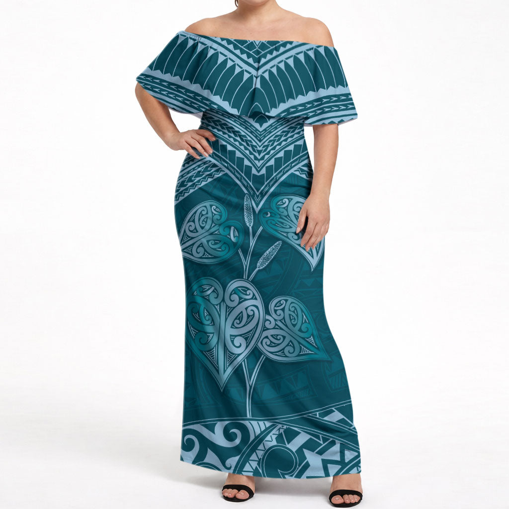 Cyan New Zealand Kawakawa Maori Ngaru Off Shoulder Maxi Dress