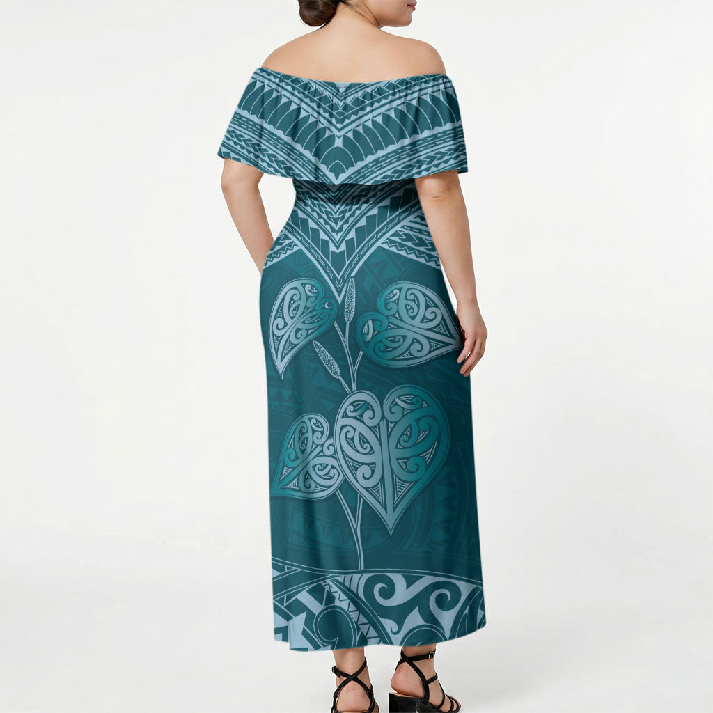 Cyan New Zealand Kawakawa Maori Ngaru Off Shoulder Maxi Dress