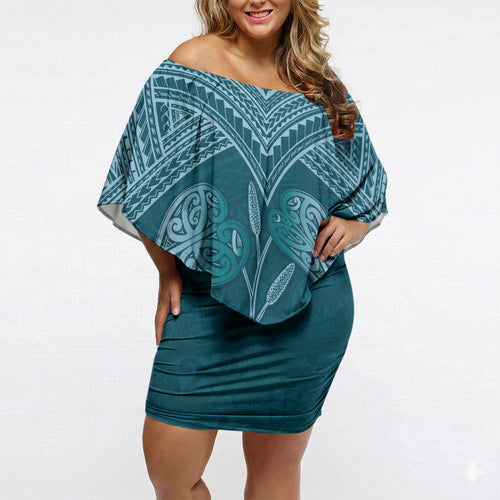 Cyan New Zealand Kawakawa Maori Ngaru Off Shoulder Short Dress