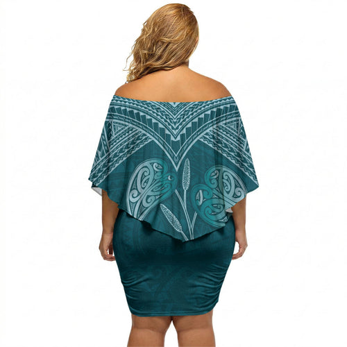 Cyan New Zealand Kawakawa Maori Ngaru Off Shoulder Short Dress