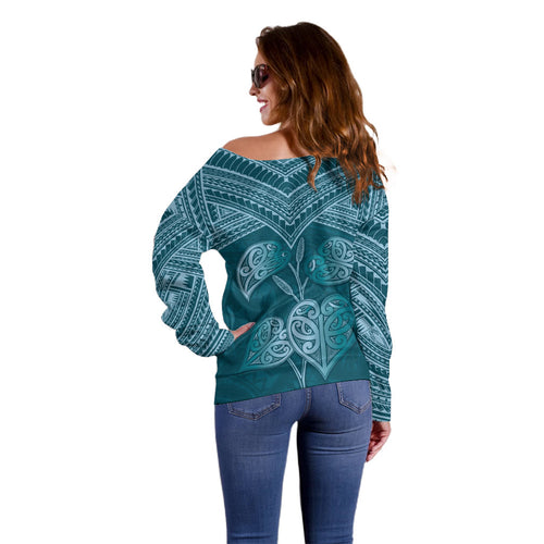 Cyan New Zealand Kawakawa Maori Ngaru Off Shoulder Sweater