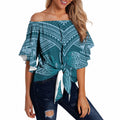 Cyan New Zealand Kawakawa Maori Ngaru Off Shoulder Wrap Waist Top