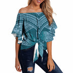 Cyan New Zealand Kawakawa Maori Ngaru Off Shoulder Wrap Waist Top