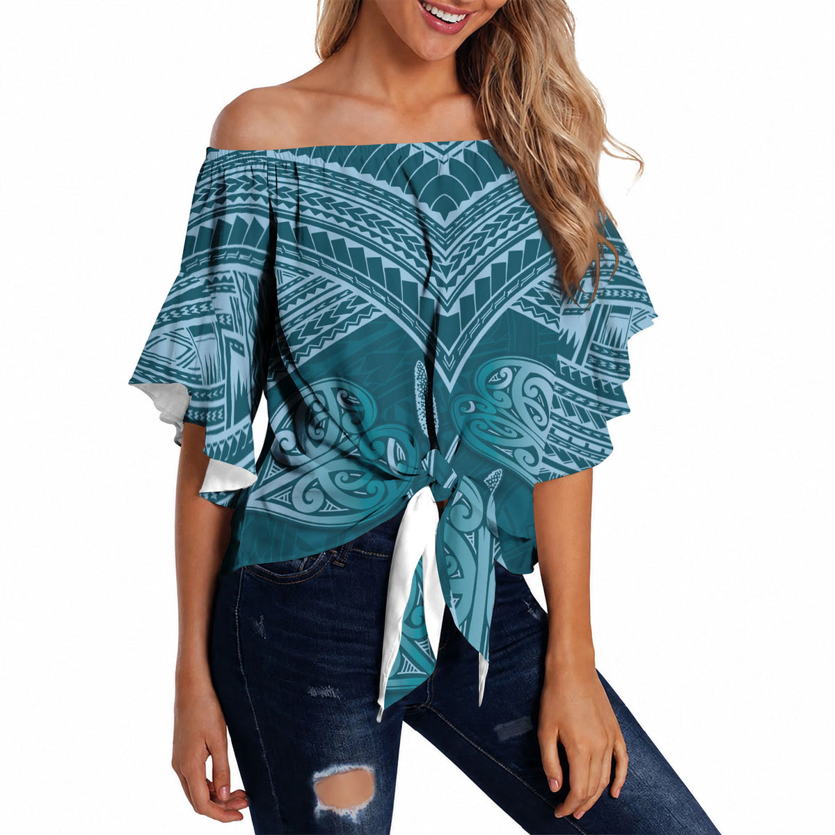Cyan New Zealand Kawakawa Maori Ngaru Off Shoulder Wrap Waist Top