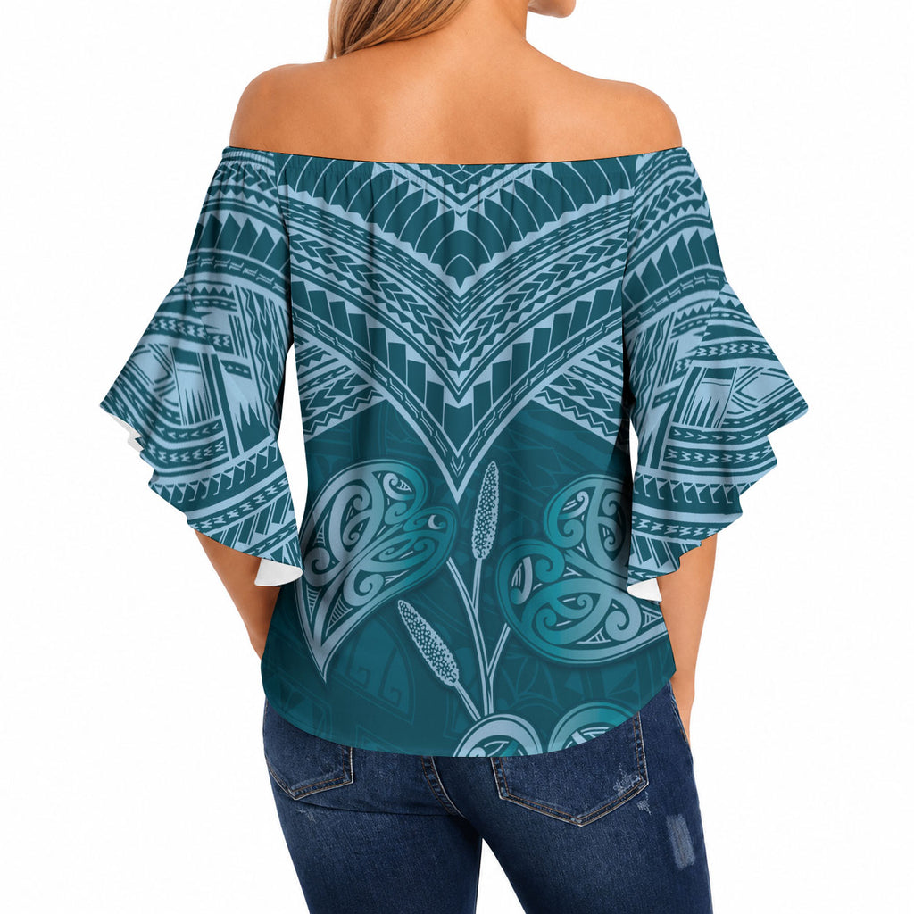 Cyan New Zealand Kawakawa Maori Ngaru Off Shoulder Wrap Waist Top