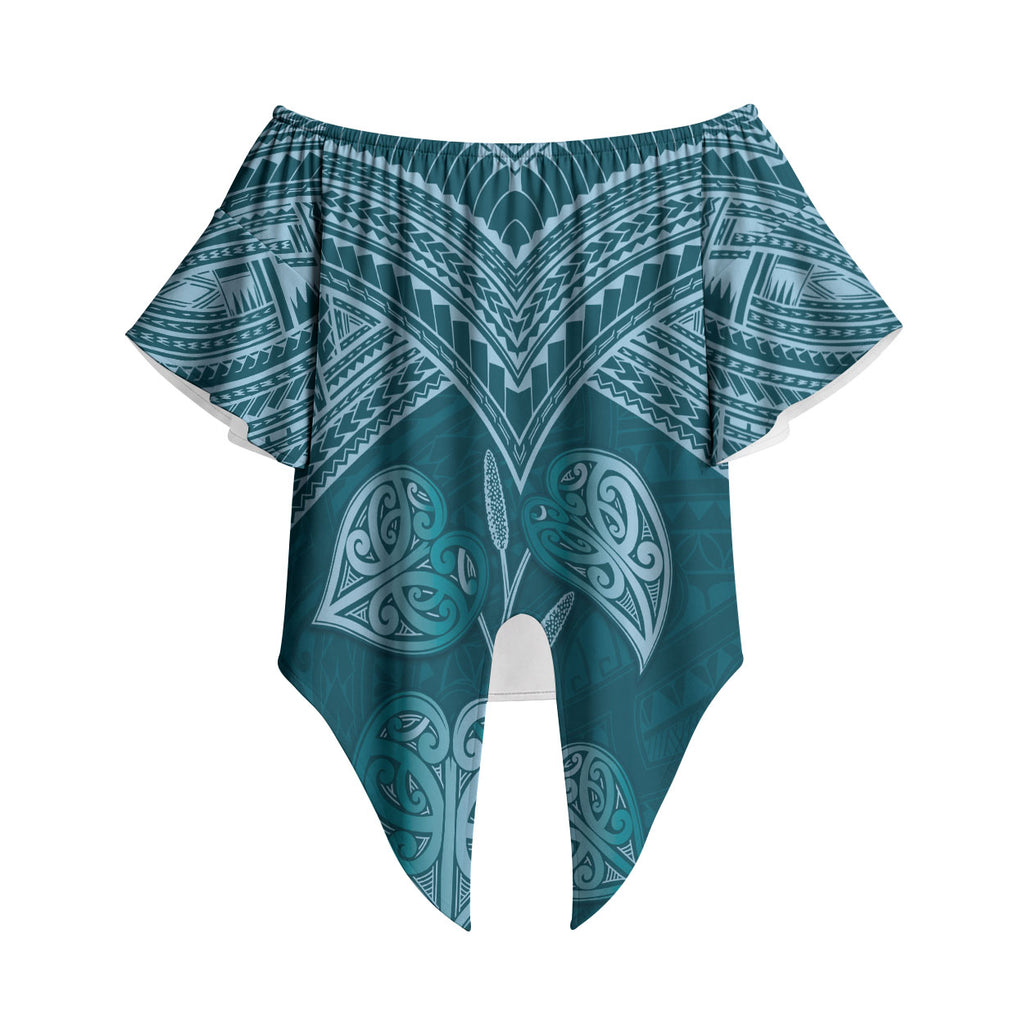 Cyan New Zealand Kawakawa Maori Ngaru Off Shoulder Wrap Waist Top