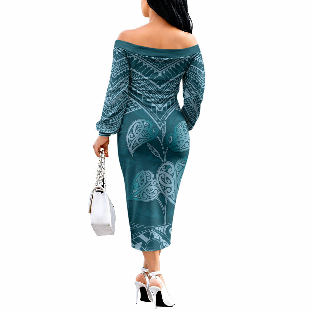 Cyan New Zealand Kawakawa Maori Ngaru Off The Shoulder Long Sleeve Dress