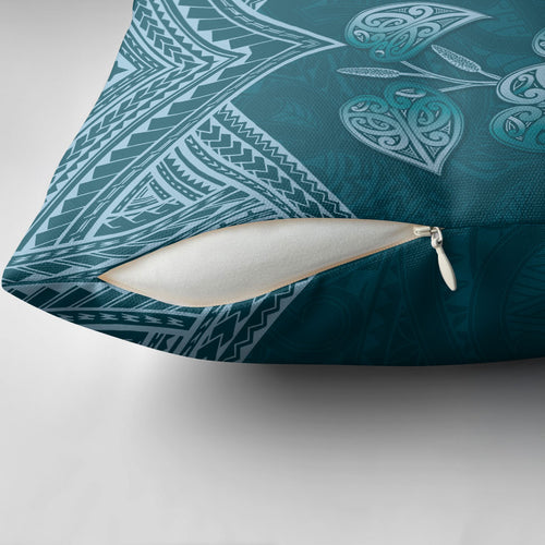 Cyan New Zealand Kawakawa Maori Ngaru Pillow Cover