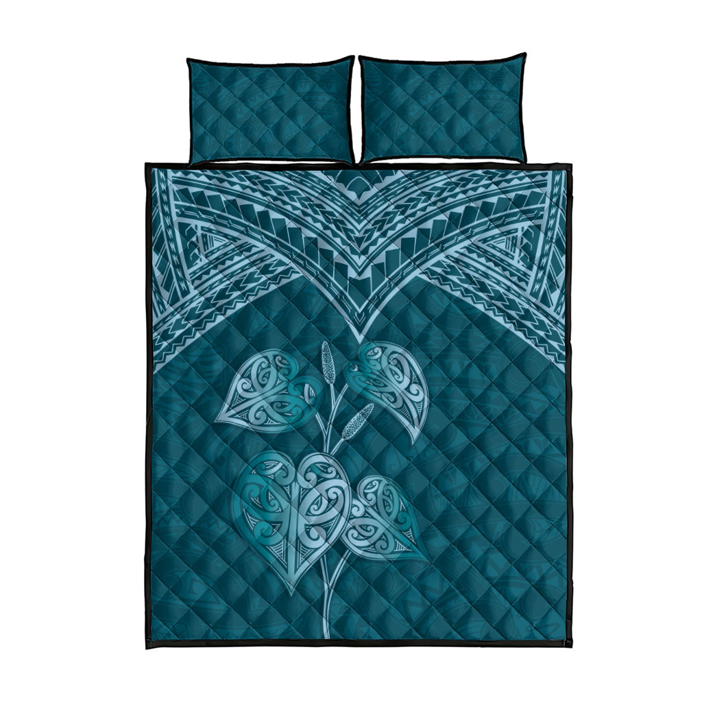 Cyan New Zealand Kawakawa Maori Ngaru Quilt Bed Set