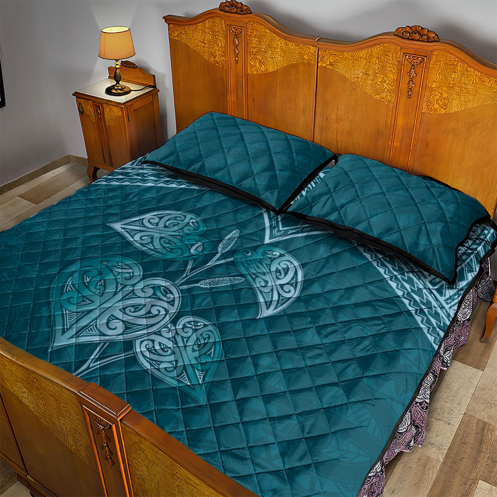 Cyan New Zealand Kawakawa Maori Ngaru Quilt Bed Set