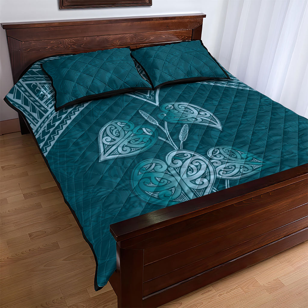 Cyan New Zealand Kawakawa Maori Ngaru Quilt Bed Set