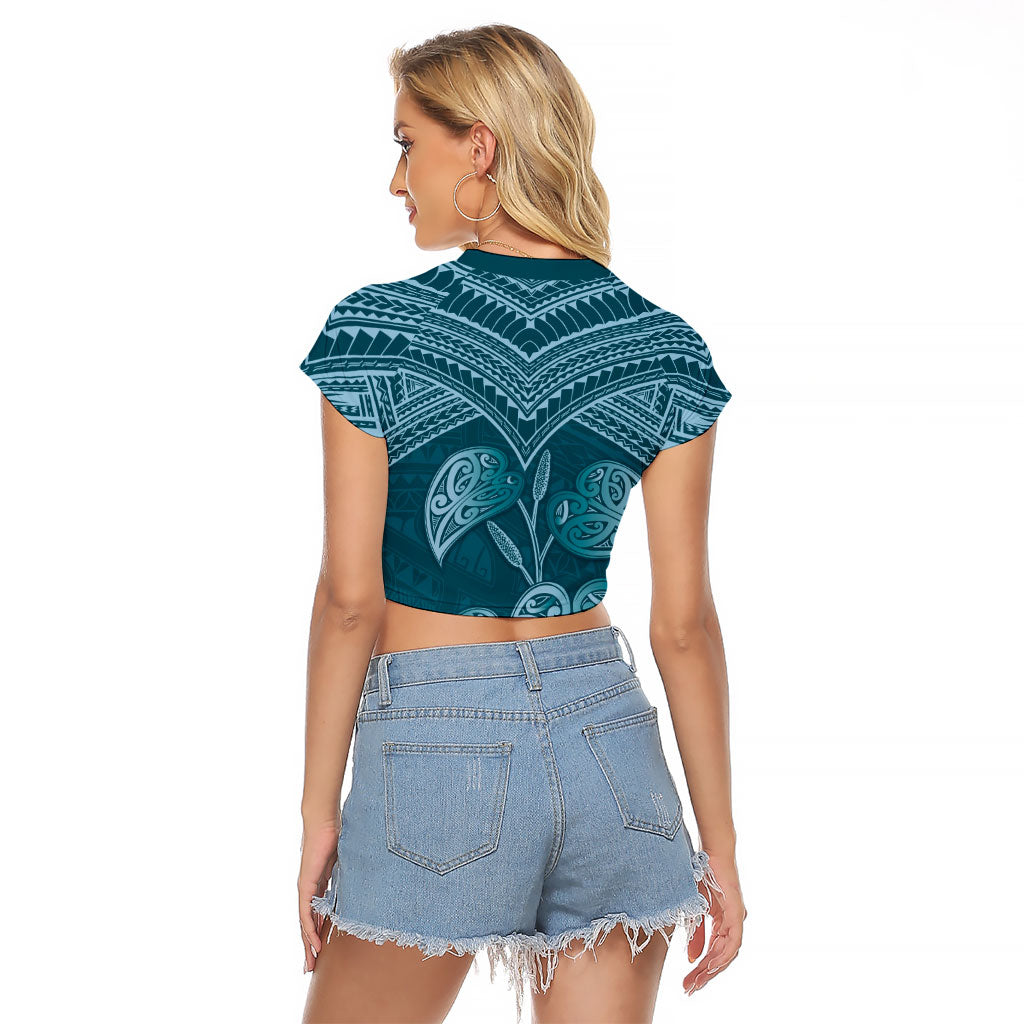 Cyan New Zealand Kawakawa Maori Ngaru Raglan Cropped T Shirt