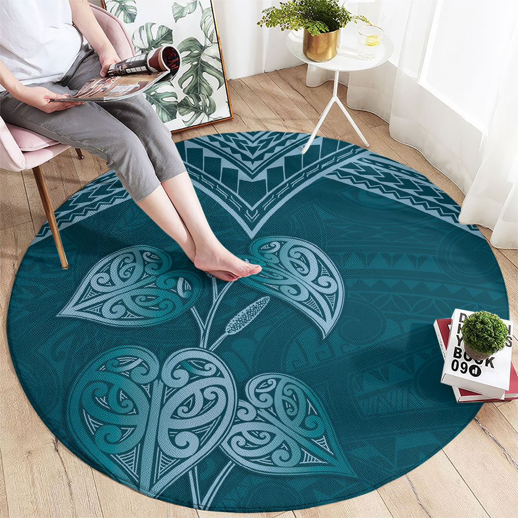 Cyan New Zealand Kawakawa Maori Ngaru Round Carpet