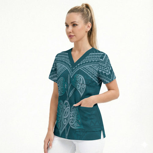 Cyan New Zealand Kawakawa Maori Ngaru Scrub Top