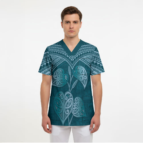 Cyan New Zealand Kawakawa Maori Ngaru Scrub Top