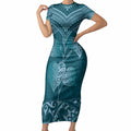 Cyan New Zealand Kawakawa Maori Ngaru Short Sleeve Bodycon Dress