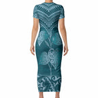 Cyan New Zealand Kawakawa Maori Ngaru Short Sleeve Bodycon Dress