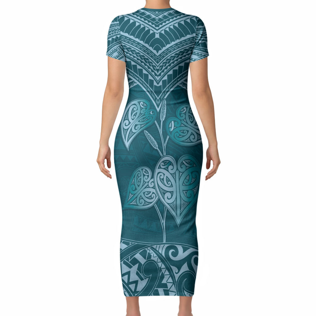 Cyan New Zealand Kawakawa Maori Ngaru Short Sleeve Bodycon Dress