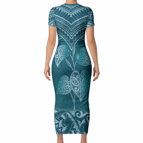 Cyan New Zealand Kawakawa Maori Ngaru Short Sleeve Bodycon Dress