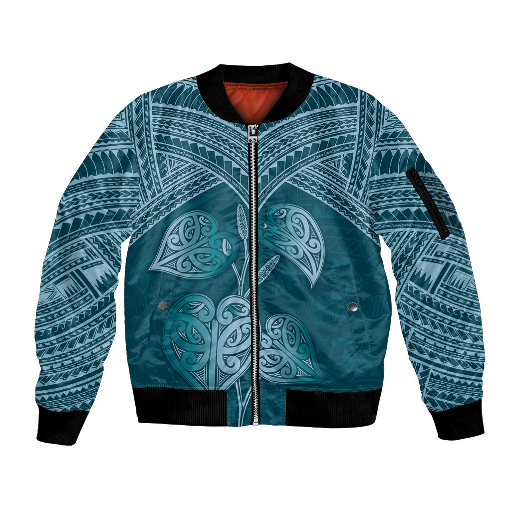 Cyan New Zealand Kawakawa Maori Ngaru Sleeve Zip Bomber Jacket