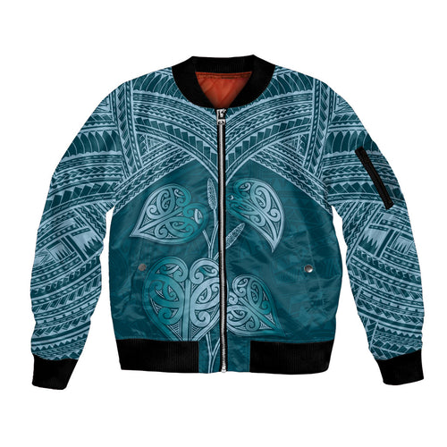 Cyan New Zealand Kawakawa Maori Ngaru Sleeve Zip Bomber Jacket