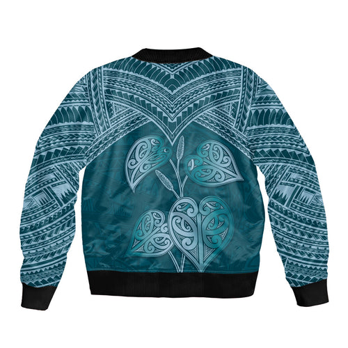Cyan New Zealand Kawakawa Maori Ngaru Sleeve Zip Bomber Jacket