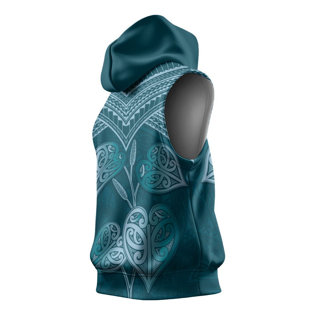 Cyan New Zealand Kawakawa Maori Ngaru Sleeveless Hoodie