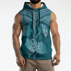 Cyan New Zealand Kawakawa Maori Ngaru Sleeveless Hoodie