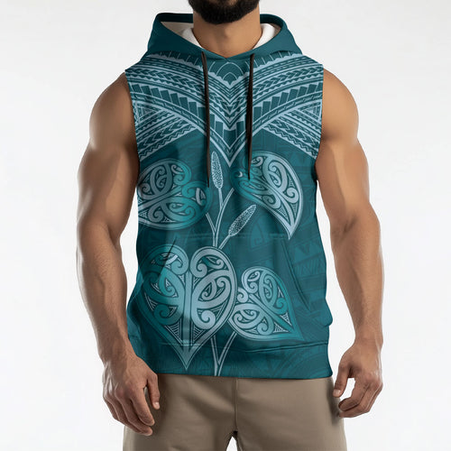 Cyan New Zealand Kawakawa Maori Ngaru Sleeveless Hoodie