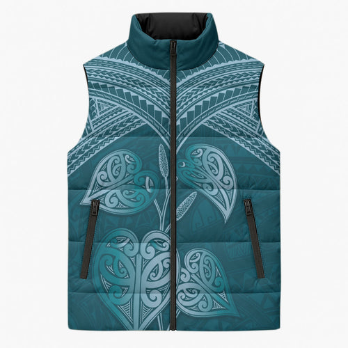Cyan New Zealand Kawakawa Maori Ngaru Sleeveless Puffer Jacket