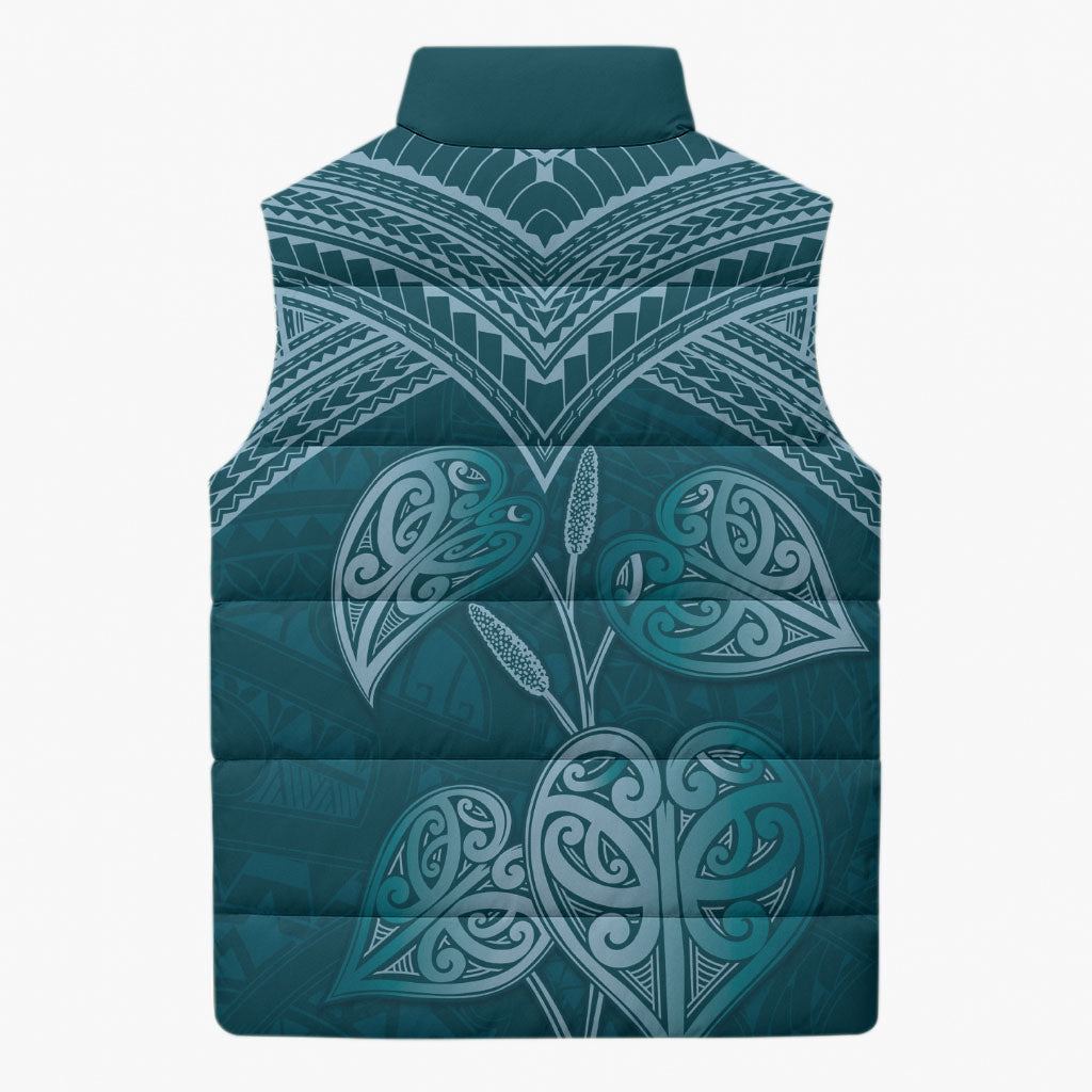 Cyan New Zealand Kawakawa Maori Ngaru Sleeveless Puffer Jacket