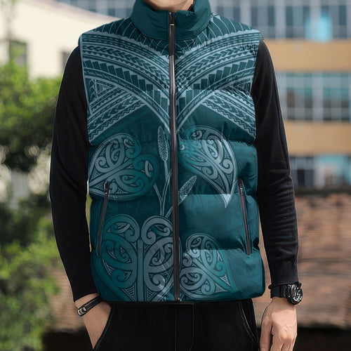 Cyan New Zealand Kawakawa Maori Ngaru Sleeveless Puffer Jacket