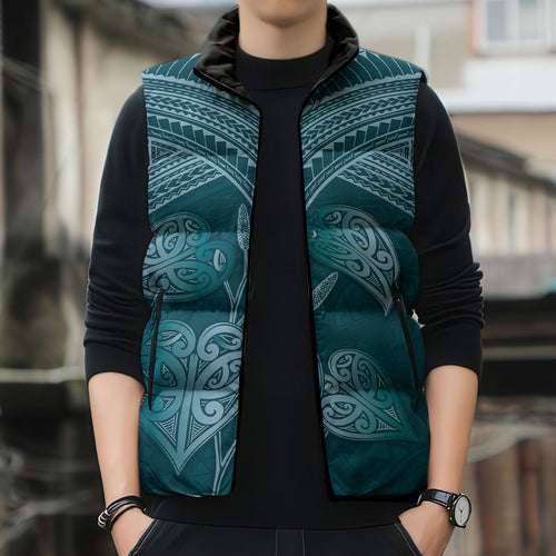 Cyan New Zealand Kawakawa Maori Ngaru Sleeveless Puffer Jacket