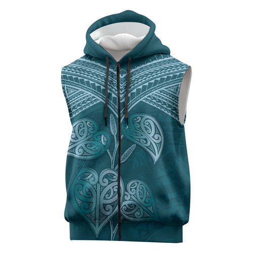 Cyan New Zealand Kawakawa Maori Ngaru Sleeveless Zip Hoodie