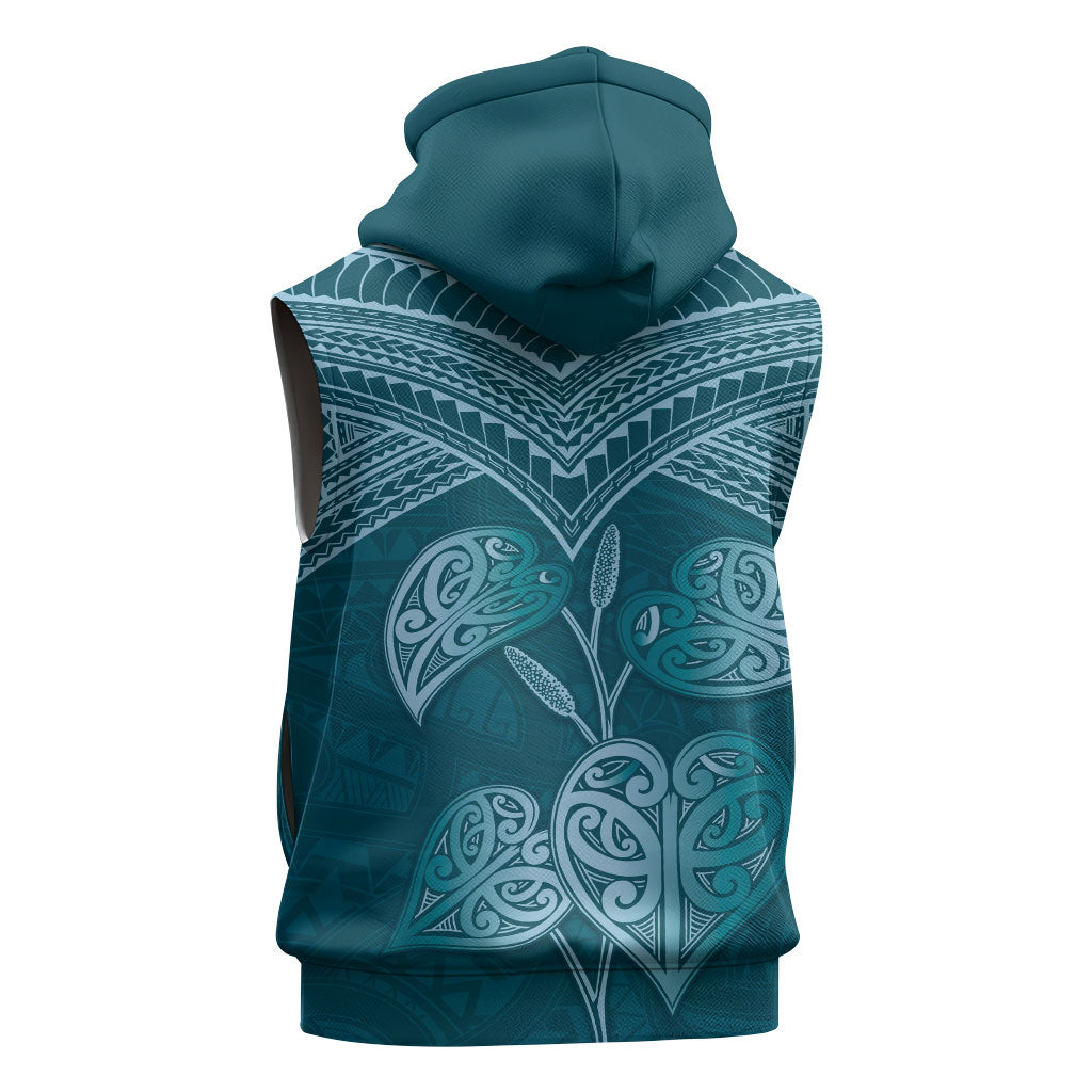 Cyan New Zealand Kawakawa Maori Ngaru Sleeveless Zip Hoodie