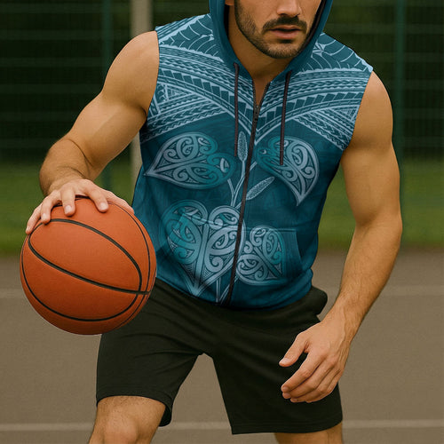 Cyan New Zealand Kawakawa Maori Ngaru Sleeveless Zip Hoodie
