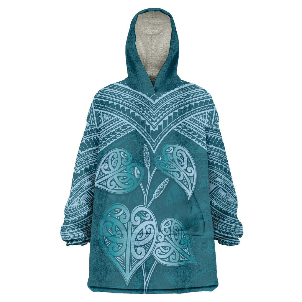 Cyan New Zealand Kawakawa Maori Ngaru Wearable Blanket Hoodie
