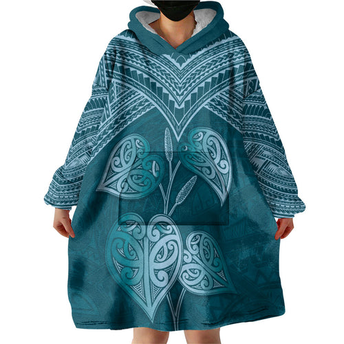 Cyan New Zealand Kawakawa Maori Ngaru Wearable Blanket Hoodie