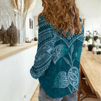 Cyan New Zealand Kawakawa Maori Ngaru Women Casual Shirt