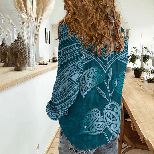 Cyan New Zealand Kawakawa Maori Ngaru Women Casual Shirt