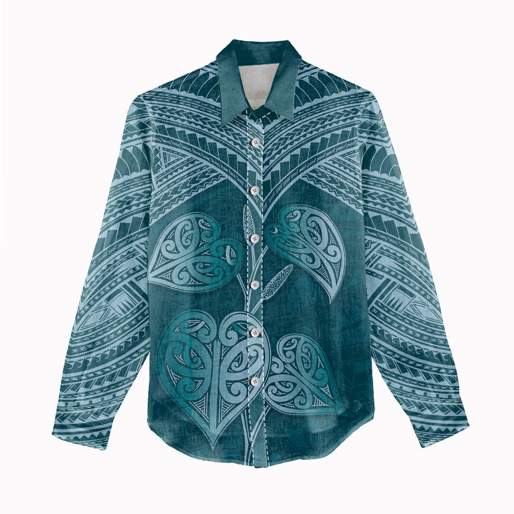 Cyan New Zealand Kawakawa Maori Ngaru Women Casual Shirt