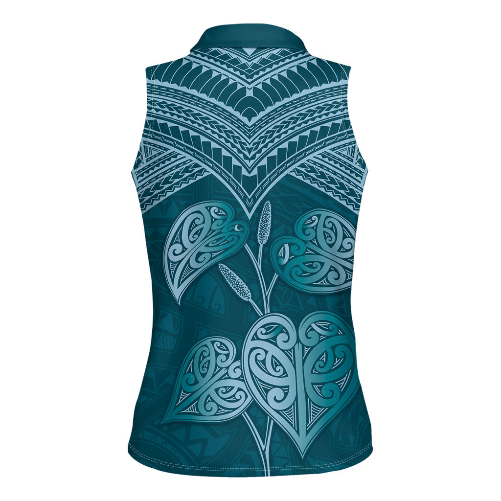 Cyan New Zealand Kawakawa Maori Ngaru Women Sleeveless Polo Shirt